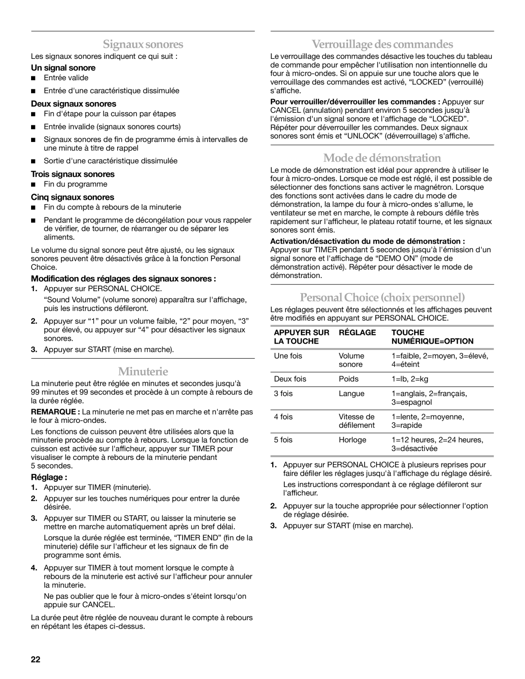 KitchenAid YKCMS1555R manual Signaux sonores, Minuterie, Verrouillage des commandes, Mode de démonstration 