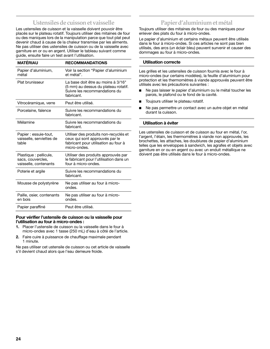 KitchenAid YKCMS1555R manual Ustensiles de cuisson et vaisselle, Papier d’aluminium et métal, Utilisation correcte 