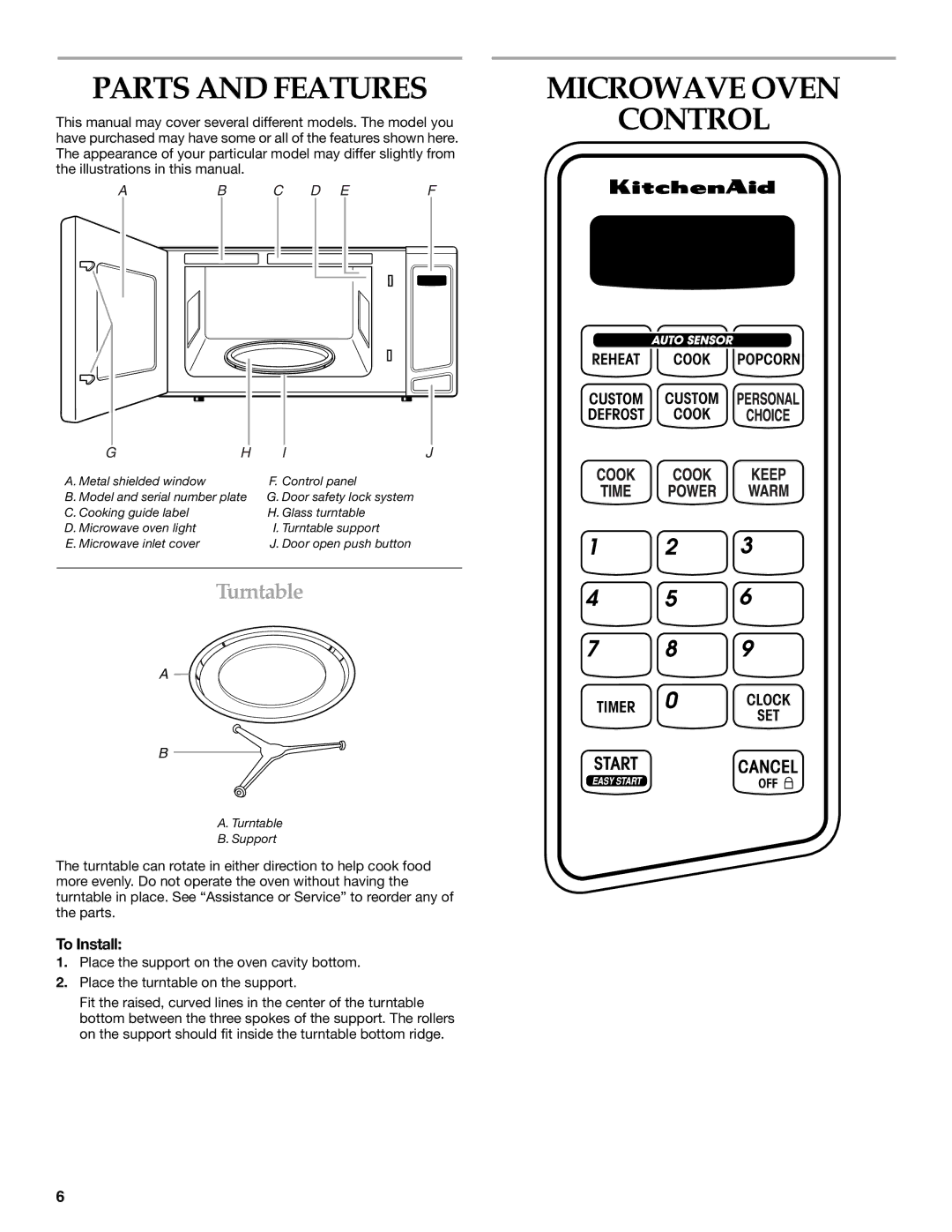 KitchenAid YKCMS1555R manual Parts and Features, Microwave Oven Control, Turntable, To Install 