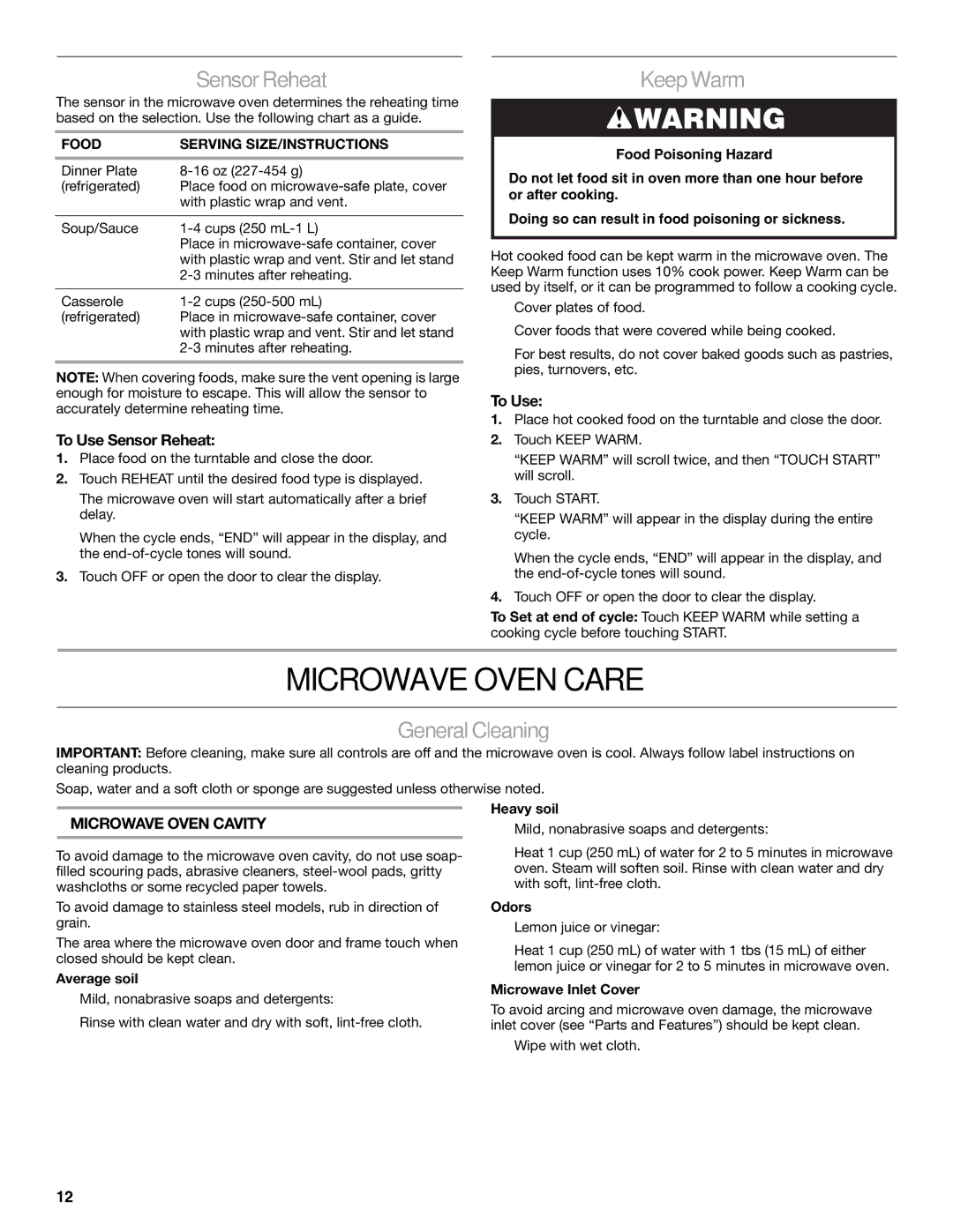 KitchenAid YKCMS1555S manual Microwave Oven Care, SensorReheat, KeepWarm, GeneralCleaning, To Use Sensor Reheat 