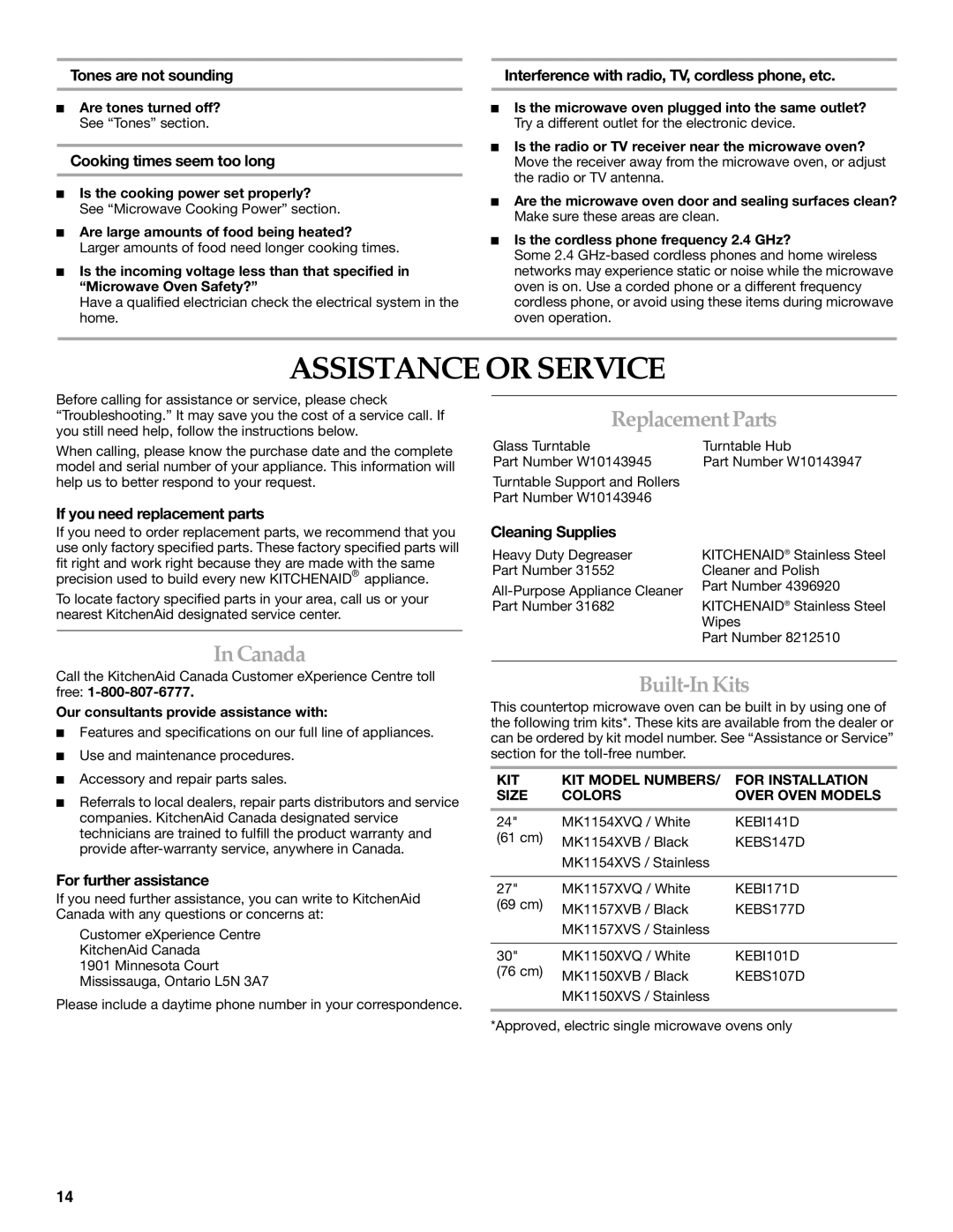 KitchenAid YKCMS1555S manual Assistance or Service, InCanada, ReplacementParts, Built-InKits 