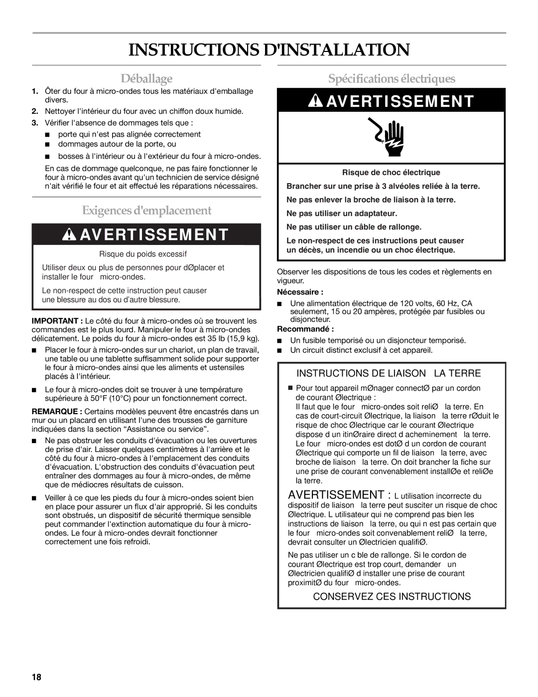 KitchenAid YKCMS1555S manual Instructions Dinstallation, Déballage, Exigencesdemplacement, Spécificationsélectriques 