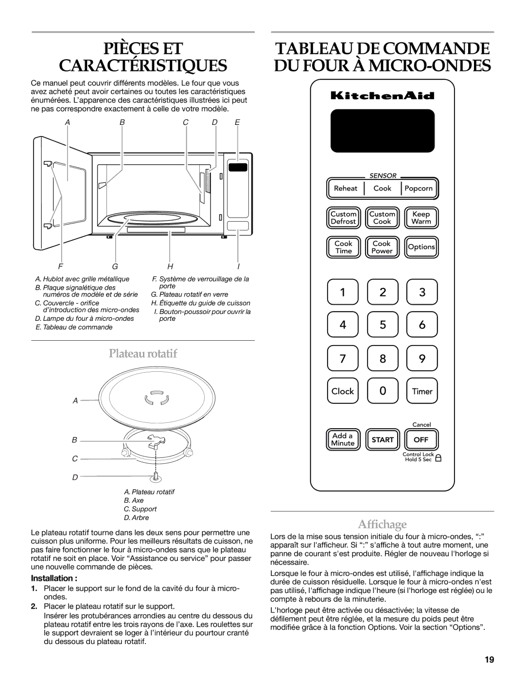 KitchenAid YKCMS1555S manual Pièces ET Caractéristiques, Plateaurotatif, Affichage, Installation 