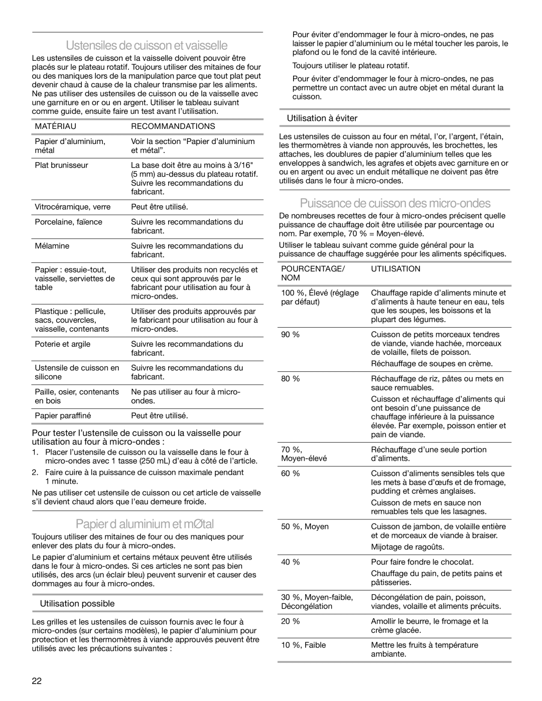 KitchenAid YKCMS1555S manual Ustensilesdecuissonetvaisselle, Papierd’aluminiumetmétal, Puissancedecuissondesmicro-ondes 