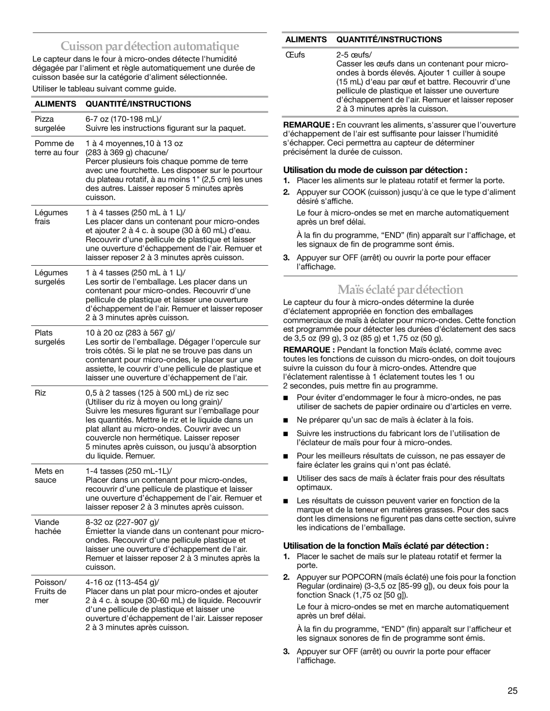 KitchenAid YKCMS1555S Cuissonpardétectionautomatique, Maïséclatépardétection, Utilisation du mode de cuisson par détection 