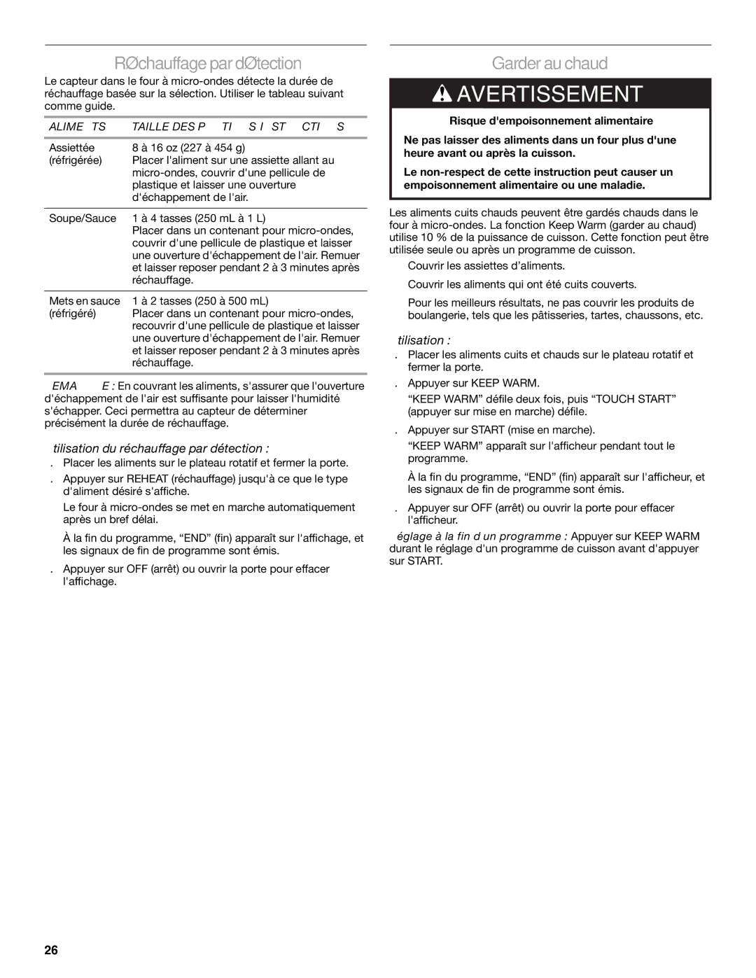 KitchenAid YKCMS1555S manual Réchauffagepardétection, Garderauchaud, Utilisation du réchauffage par détection 