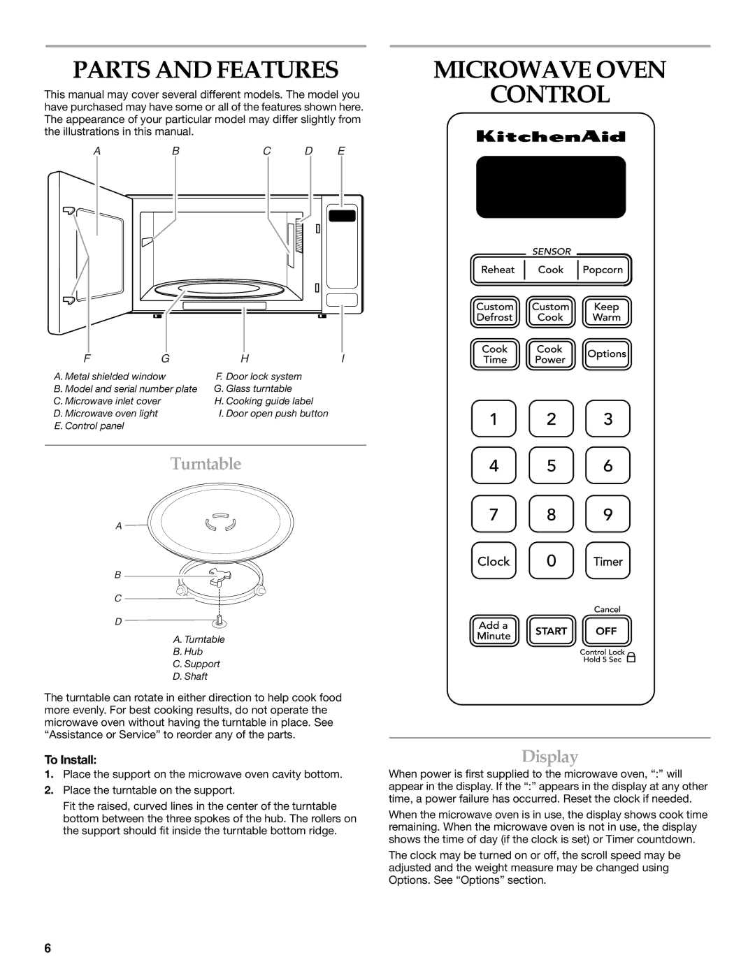 KitchenAid YKCMS1555S manual Parts and Features, Microwave Oven Control, Turntable, Display, To Install 