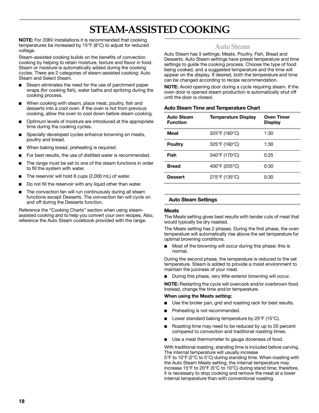 KitchenAid YKDRP707 STEAM-ASSISTED Cooking, AutoSteam, Auto Steam Time and Temperature Chart, Auto Steam Settings Meats 