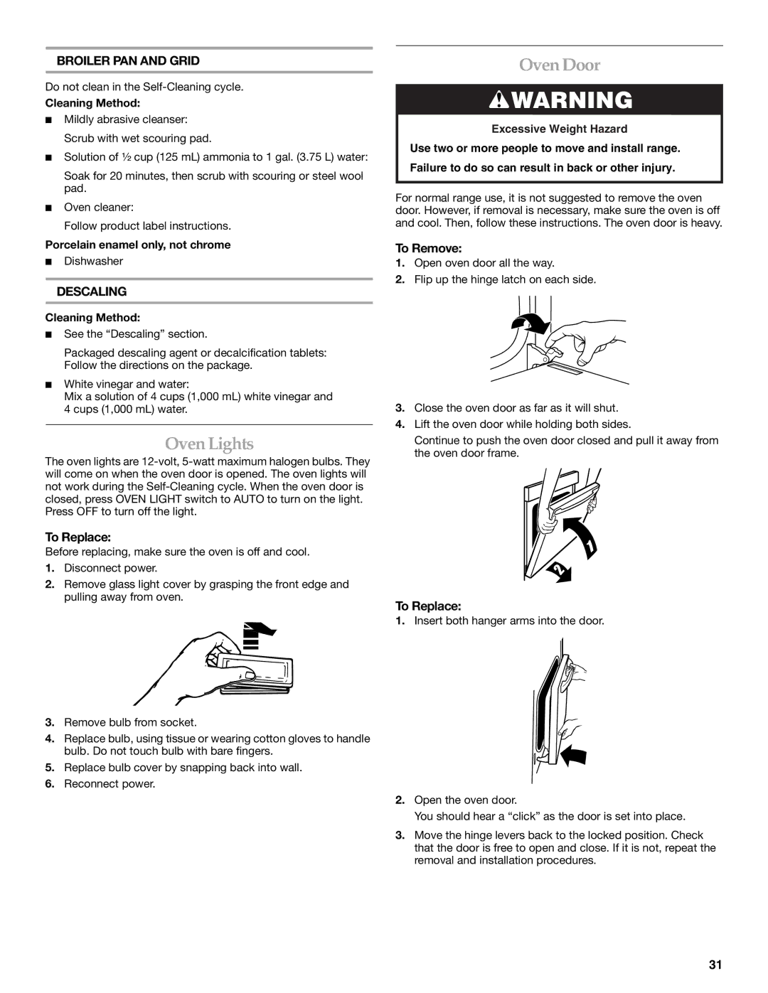 KitchenAid YKDRP767, YKDRP707 manual Oven Lights, Oven Door, Broiler PAN and Grid, Descaling 
