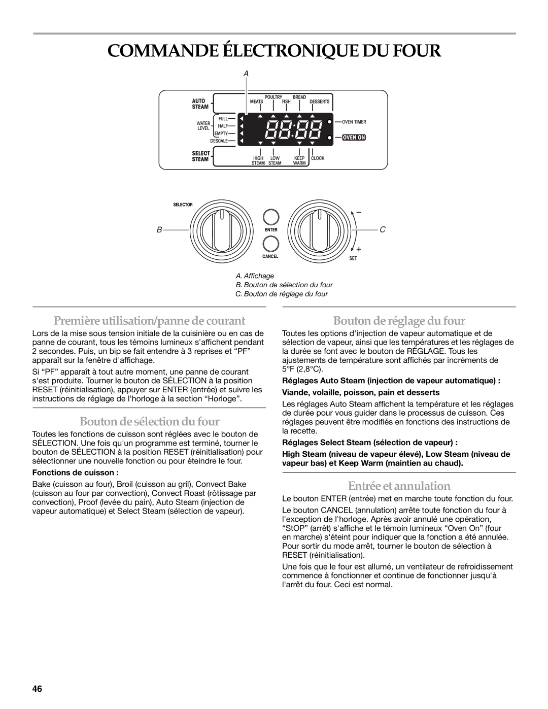 KitchenAid YKDRP707 Commande Électronique DU Four, Première utilisation/panne de courant, Bouton de sélection du four 