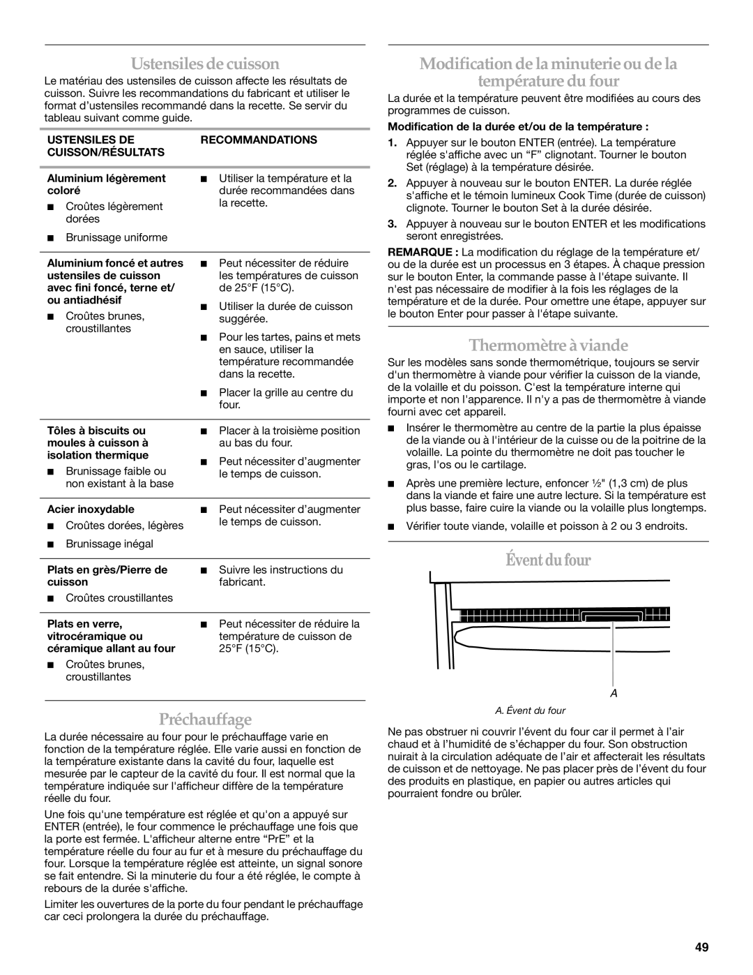 KitchenAid YKDRP767 manual Modification de la minuterie ou de la Température du four, Thermomètre à viande, Préchauffage 