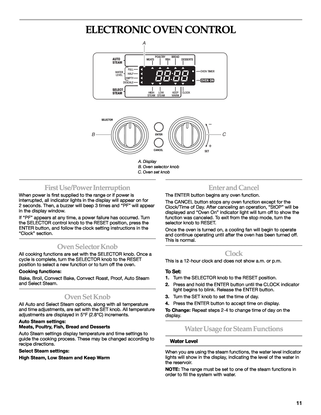 KitchenAid YKDRP767 Electronic Oven Control, FirstUse/Power Interruption, Enter and Cancel, Oven Selector Knob, Clock 