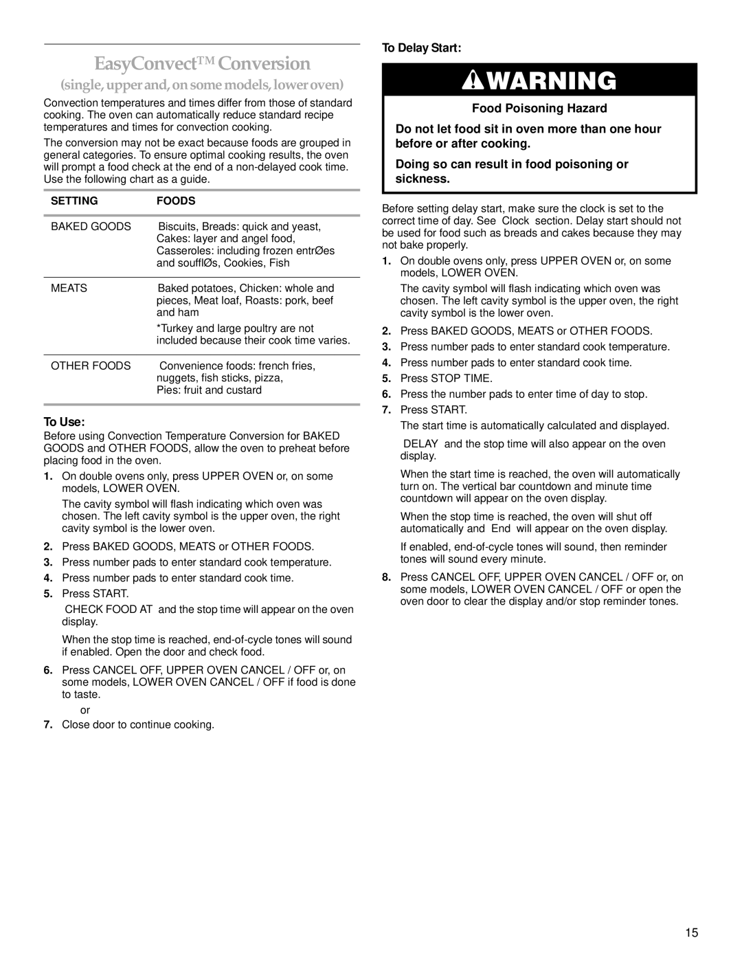 KitchenAid YKEBS107, KEBS208, KEBS247 manual EasyConvect Conversion, Setting Foods 