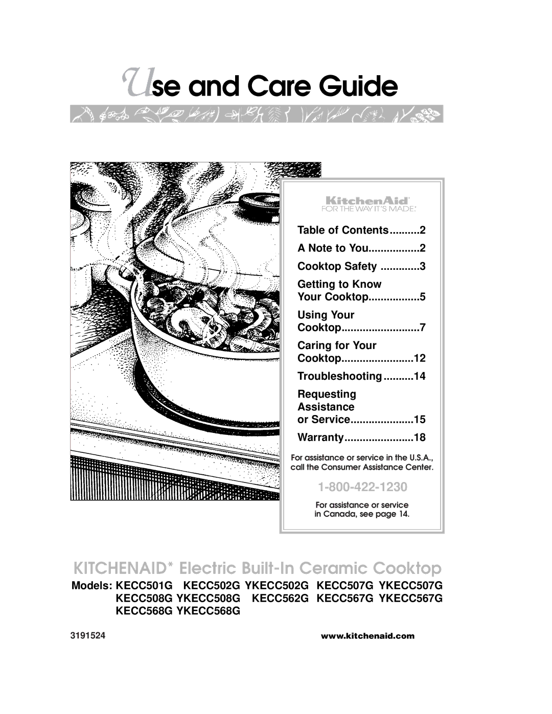 KitchenAid YKECC502G, YKECC507G, YKECC568G, YKECC508G, YKECC567G, KECC562G, KECC501G warranty Use and Care Guide, 3191524 