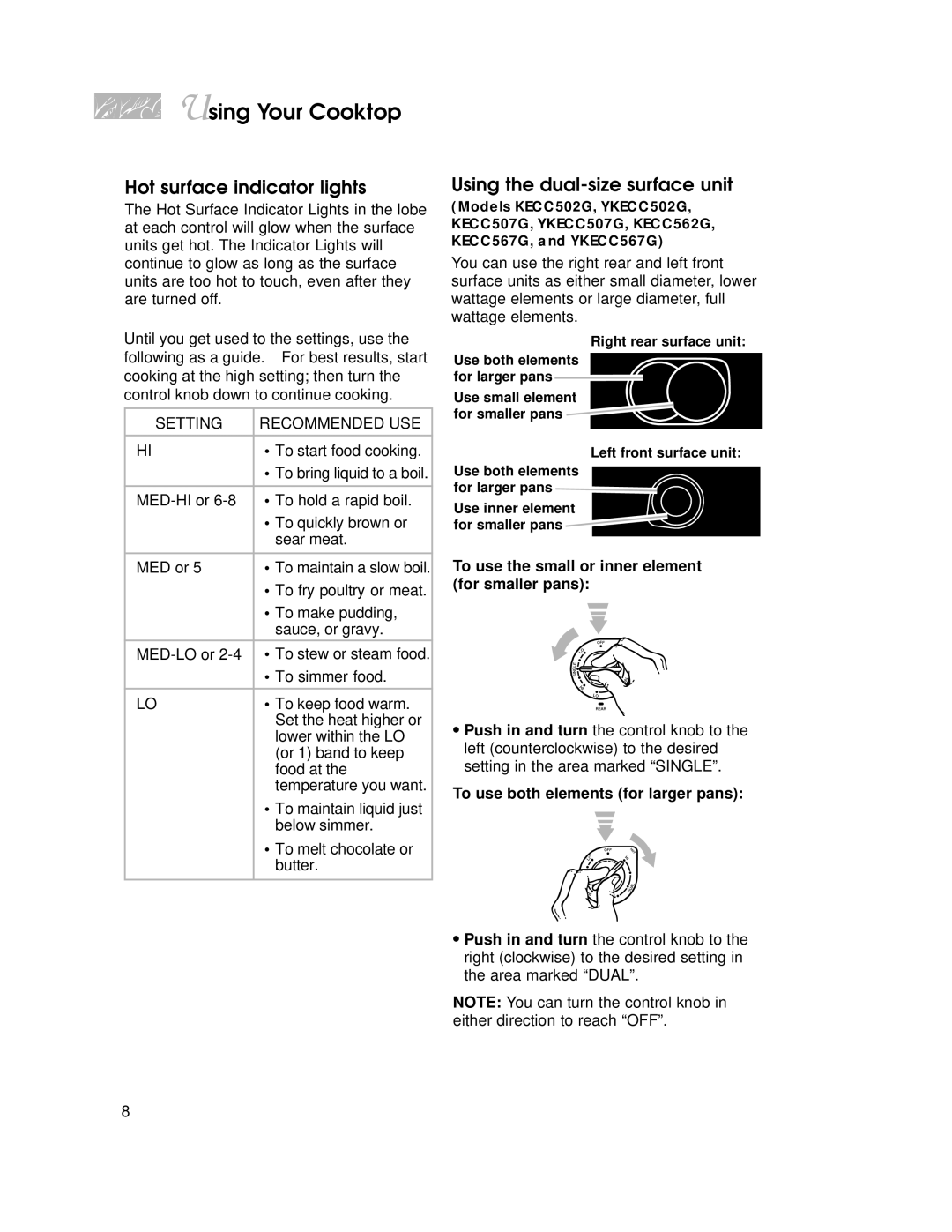 KitchenAid YKECC507G, YKECC502G Hot surface indicator lights, Using the dual-size surface unit, Setting Recommended USE 