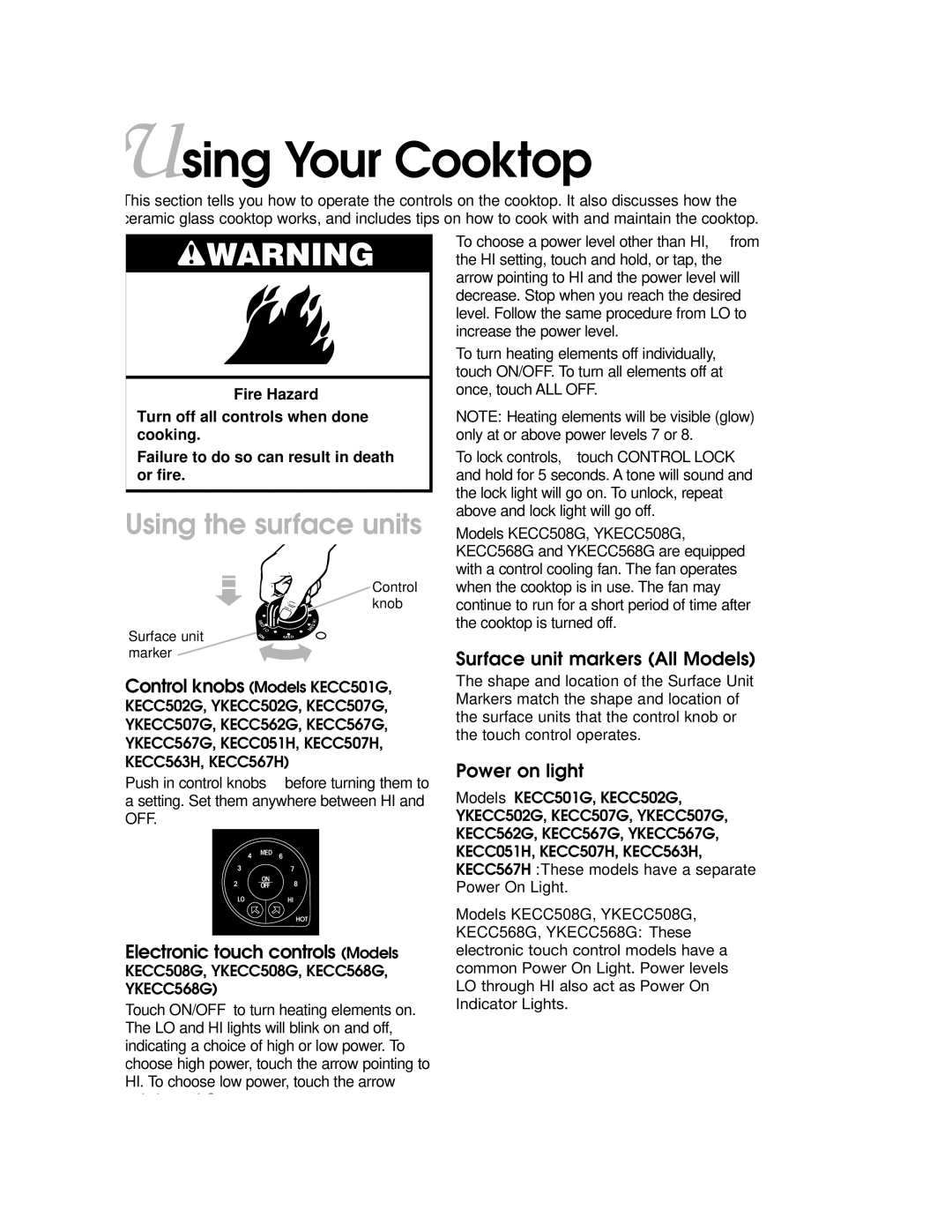 KitchenAid KECC507G, KECC568G Using Your Cooktop, Using the surface units, Surface unit markers All Models, Power on light 