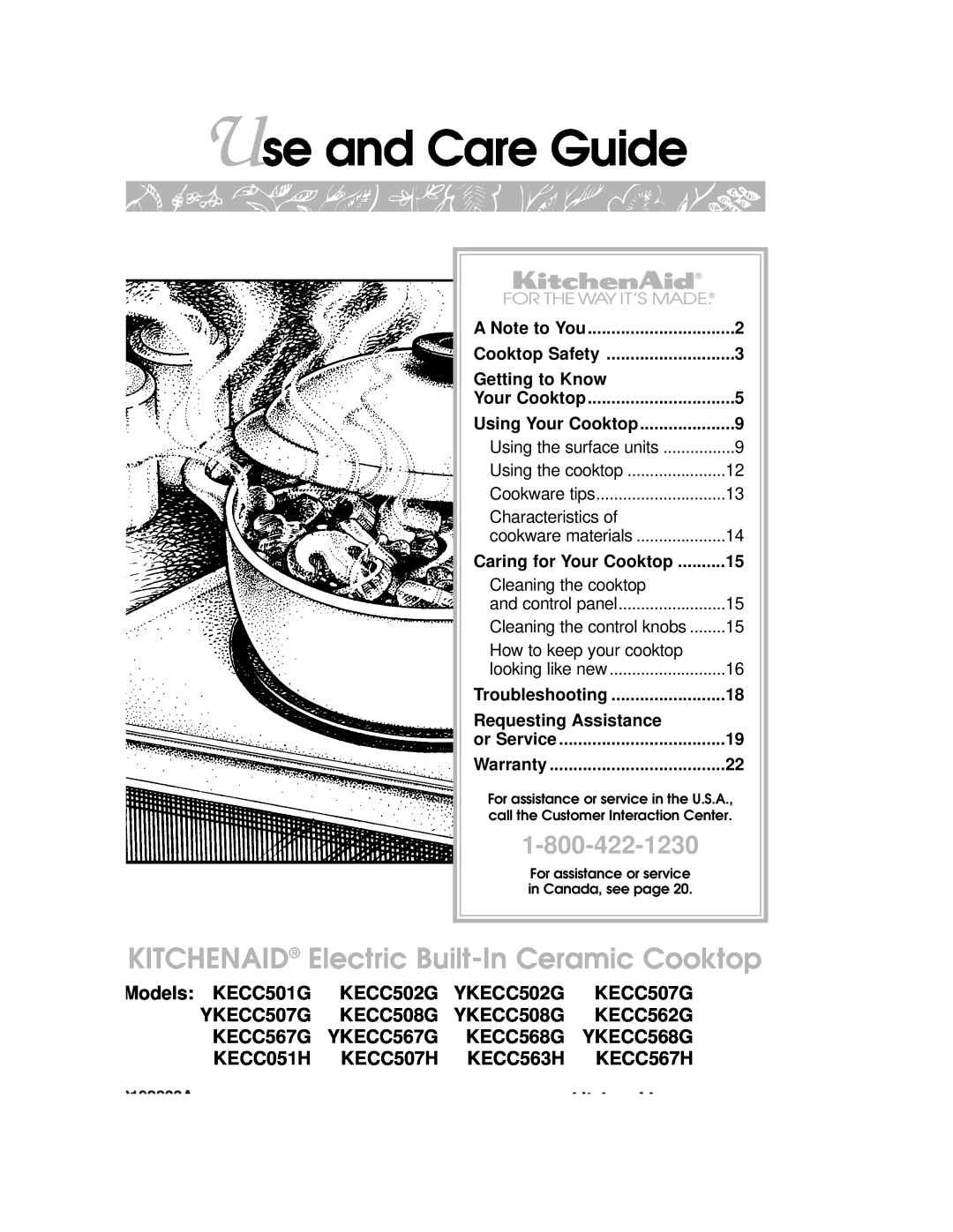 KitchenAid YKECC502G warranty Use and Care Guide, KITCHENAID Electric Built-In Ceramic Cooktop, 192800A, Getting to Know 