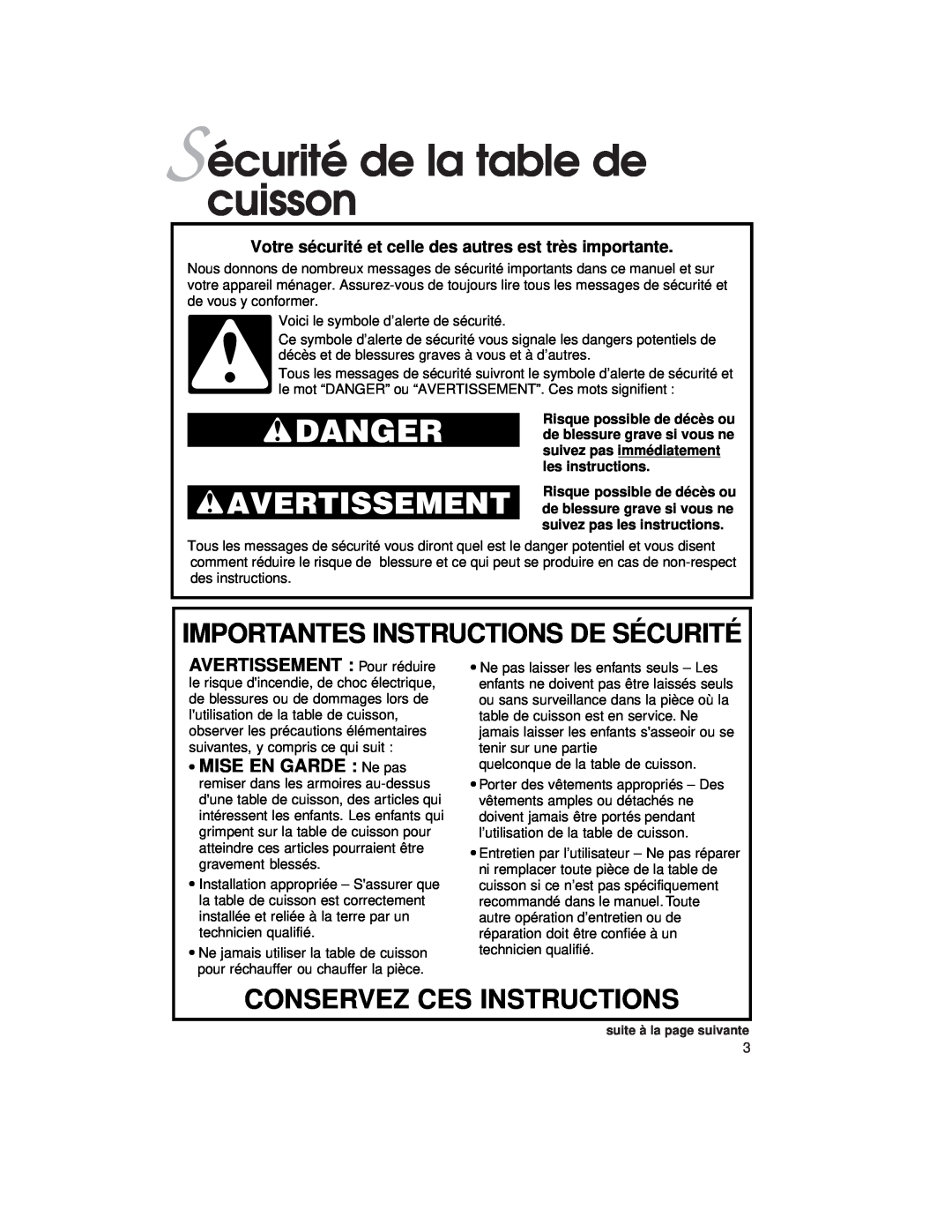 KitchenAid KECC507H Sécurité de la table de cuisson, Danger, Importantes Instructions De Sécurité, MISE EN GARDE Ne pas 