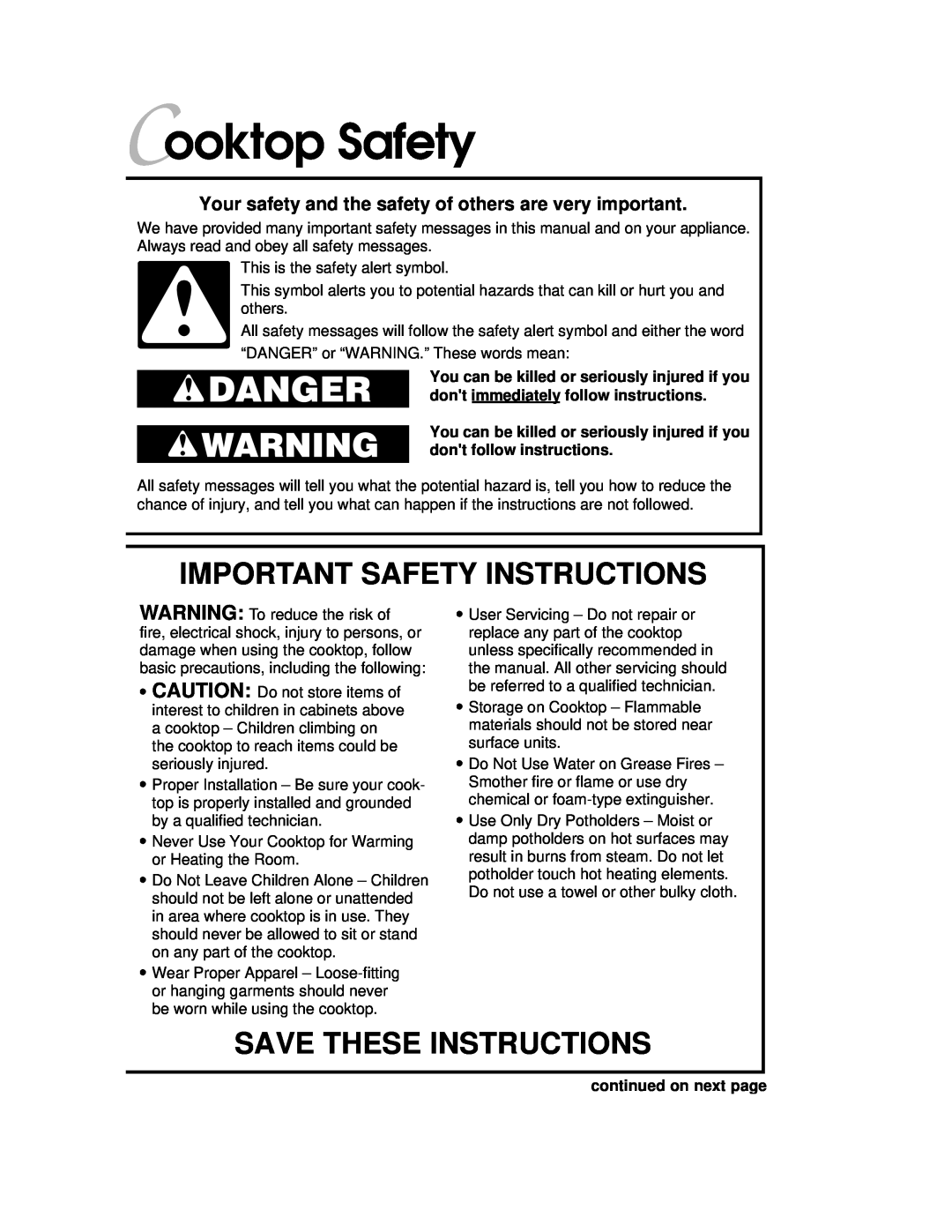 KitchenAid YKECC508G Cooktop Safety, Important Safety Instructions, Save These Instructions, continued on next page 