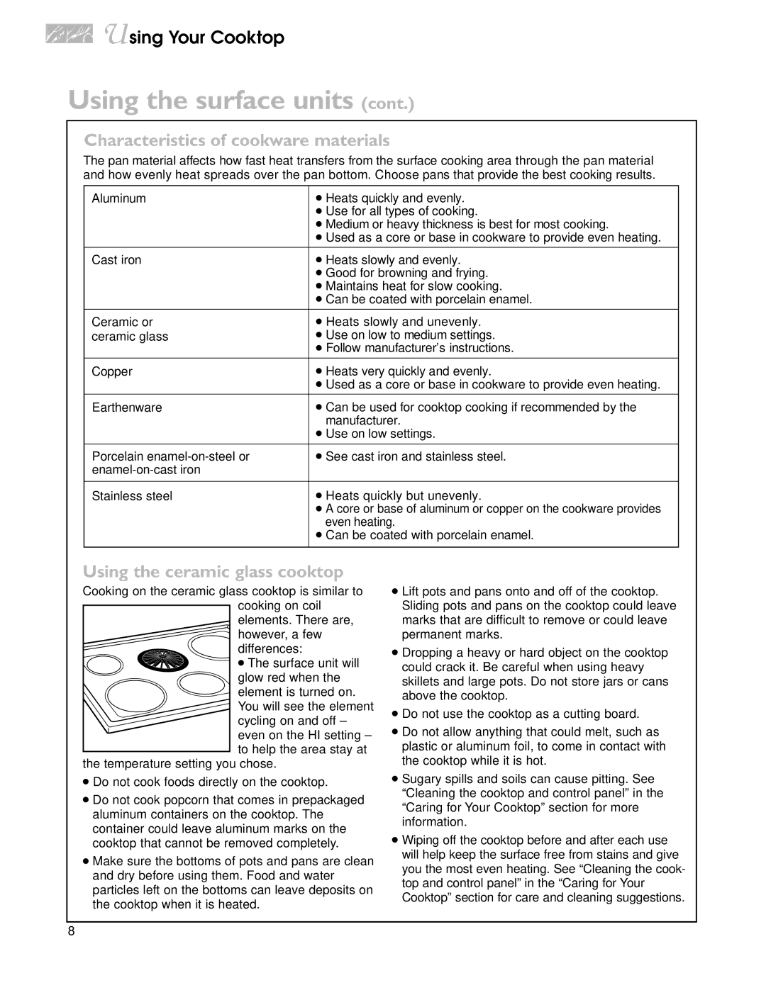 KitchenAid YKECD865H, YKECD805H warranty Characteristics of cookware materials, Using the ceramic glass cooktop 