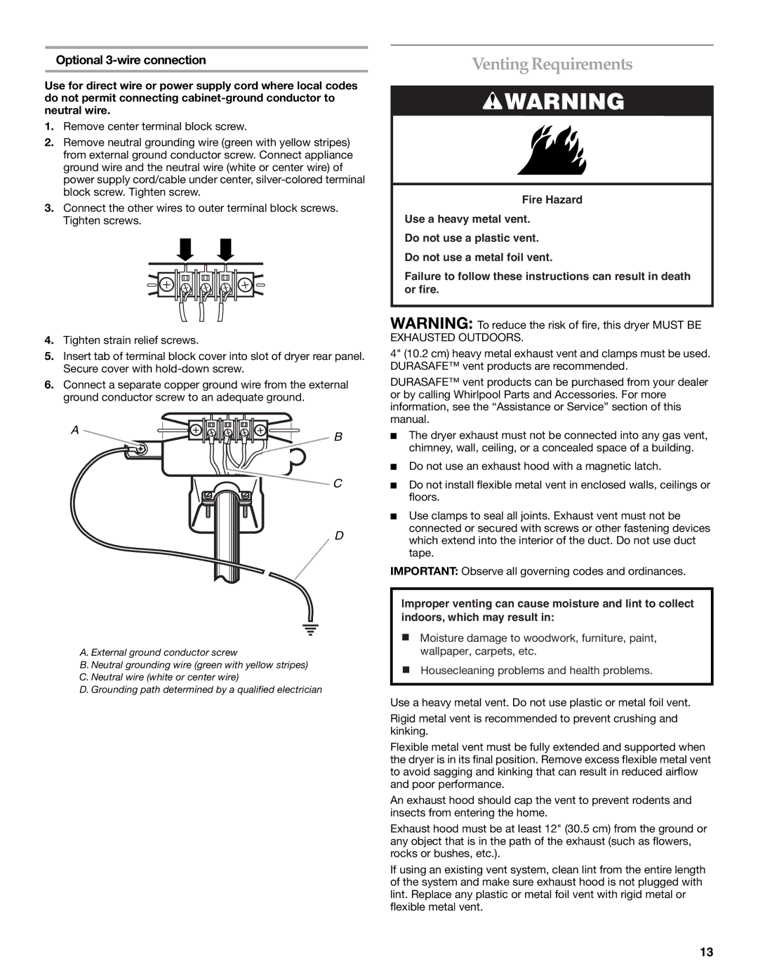 KitchenAid YKEHS01P manual VentingRequirements, Optional 3-wire connection 