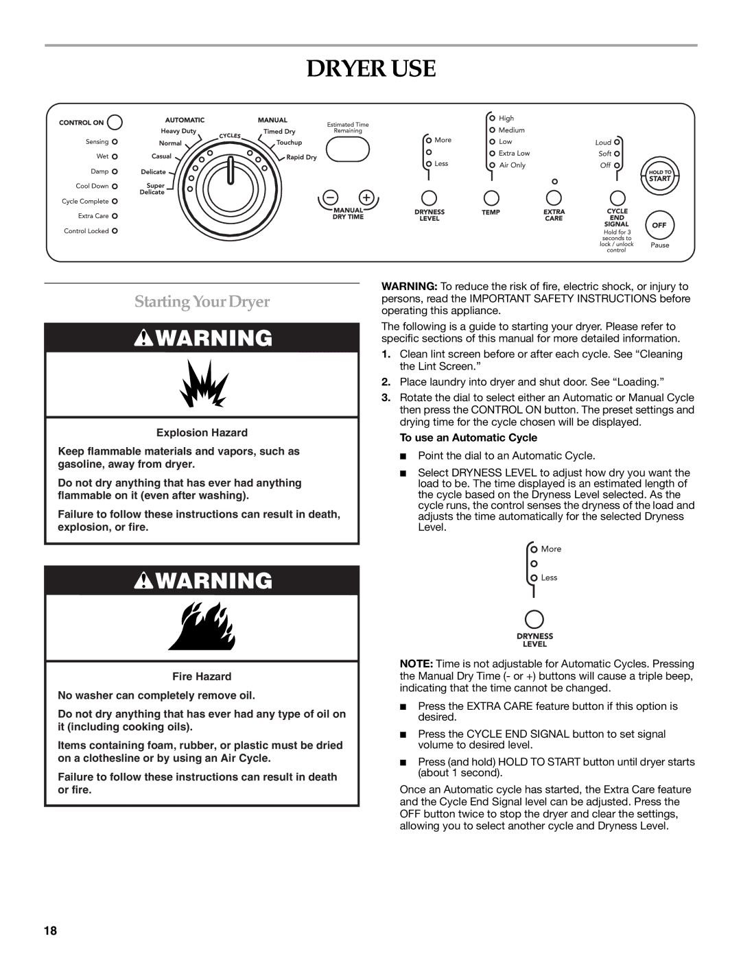 KitchenAid YKEHS01P manual Dryer USE, StartingYour Dryer, To use an Automatic Cycle 