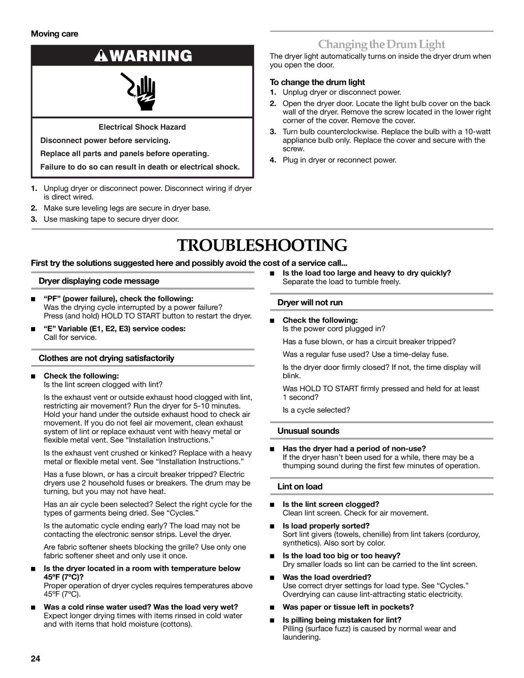 KitchenAid YKEHS01P manual Troubleshooting, Changing the Drum Light 