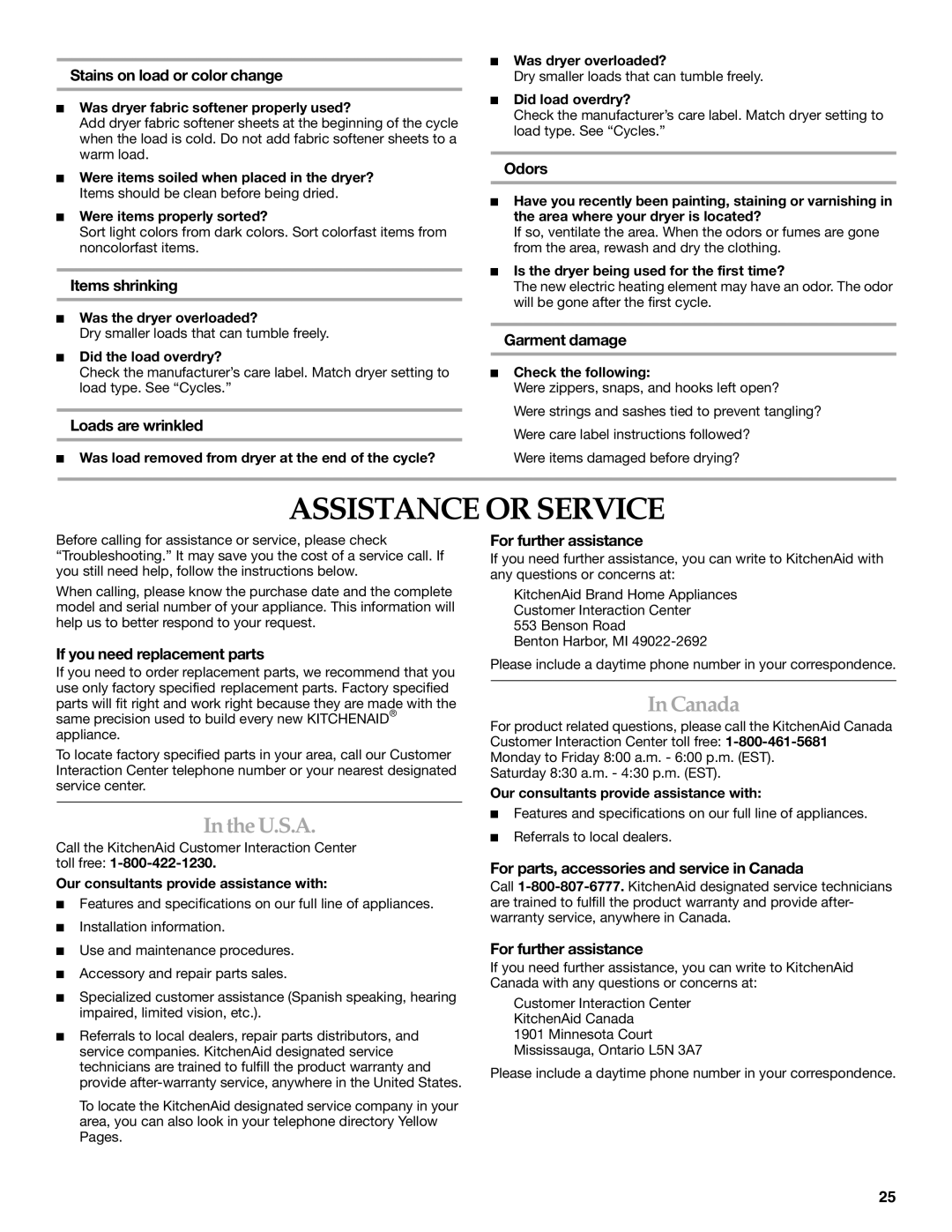 KitchenAid YKEHS01P manual Assistance or Service, U.S.A, Canada 