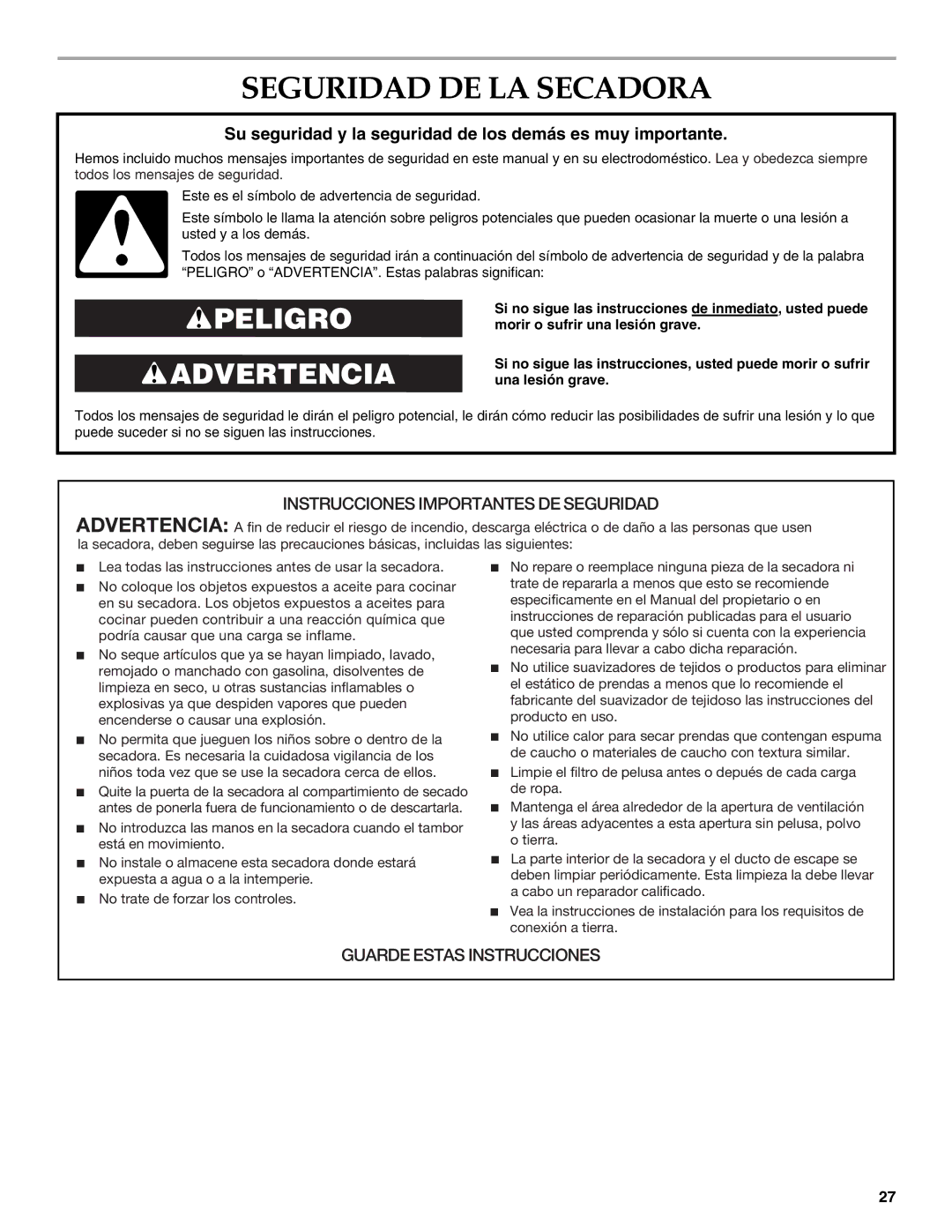 KitchenAid YKEHS01P manual Seguridad DE LA Secadora, Su seguridad y la seguridad de los demás es muy importante 