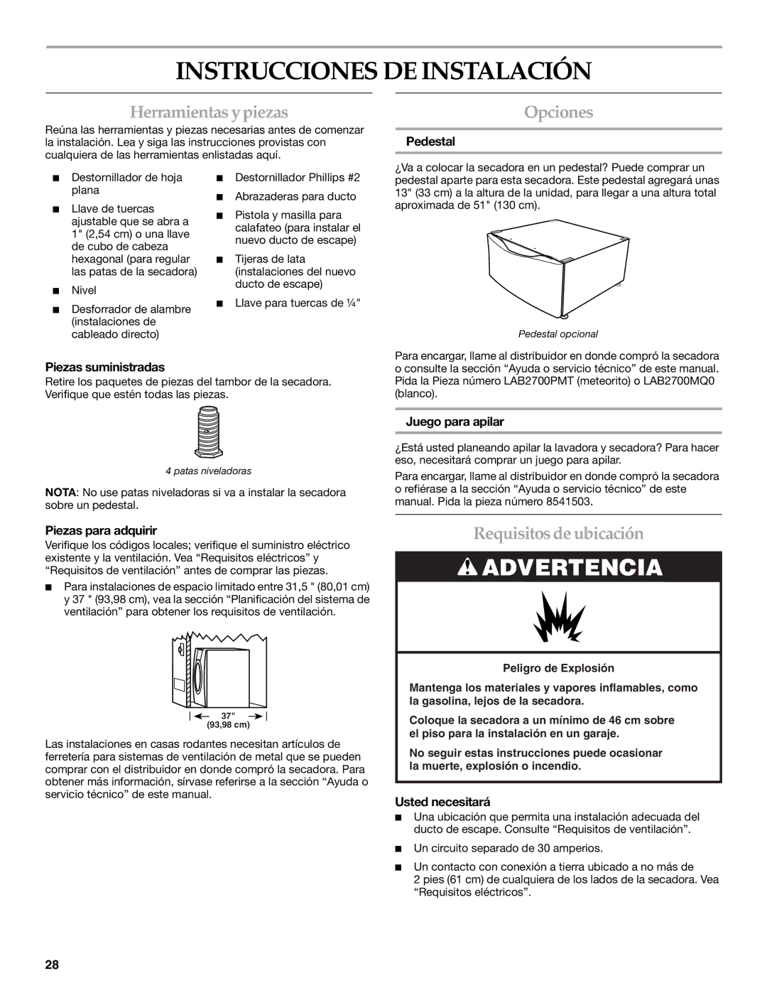 KitchenAid YKEHS01P manual Instrucciones DE Instalación, Herramientas ypiezas, Opciones, Requisitosde ubicación 