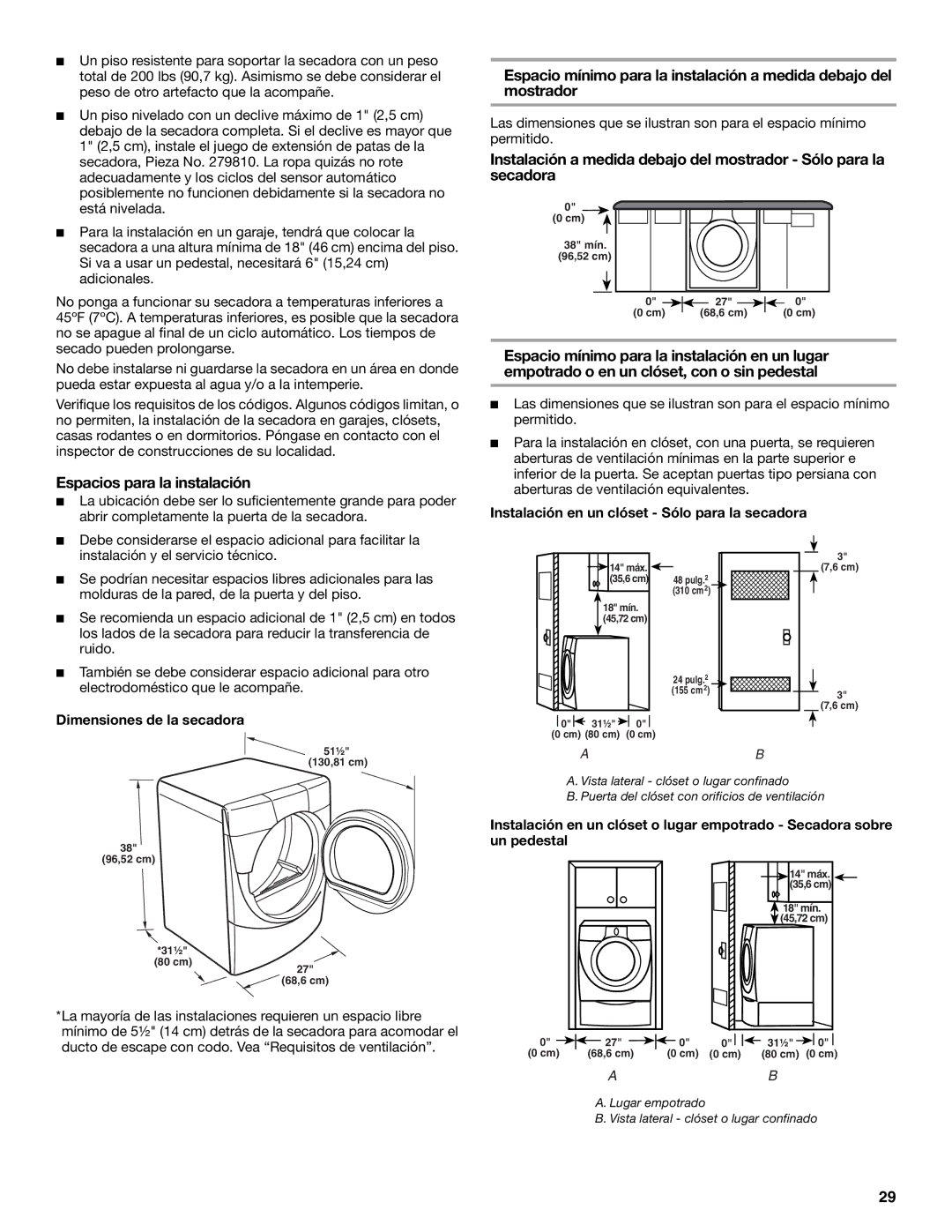 KitchenAid YKEHS01P manual Espacios para la instalación, Dimensiones de la secadora 