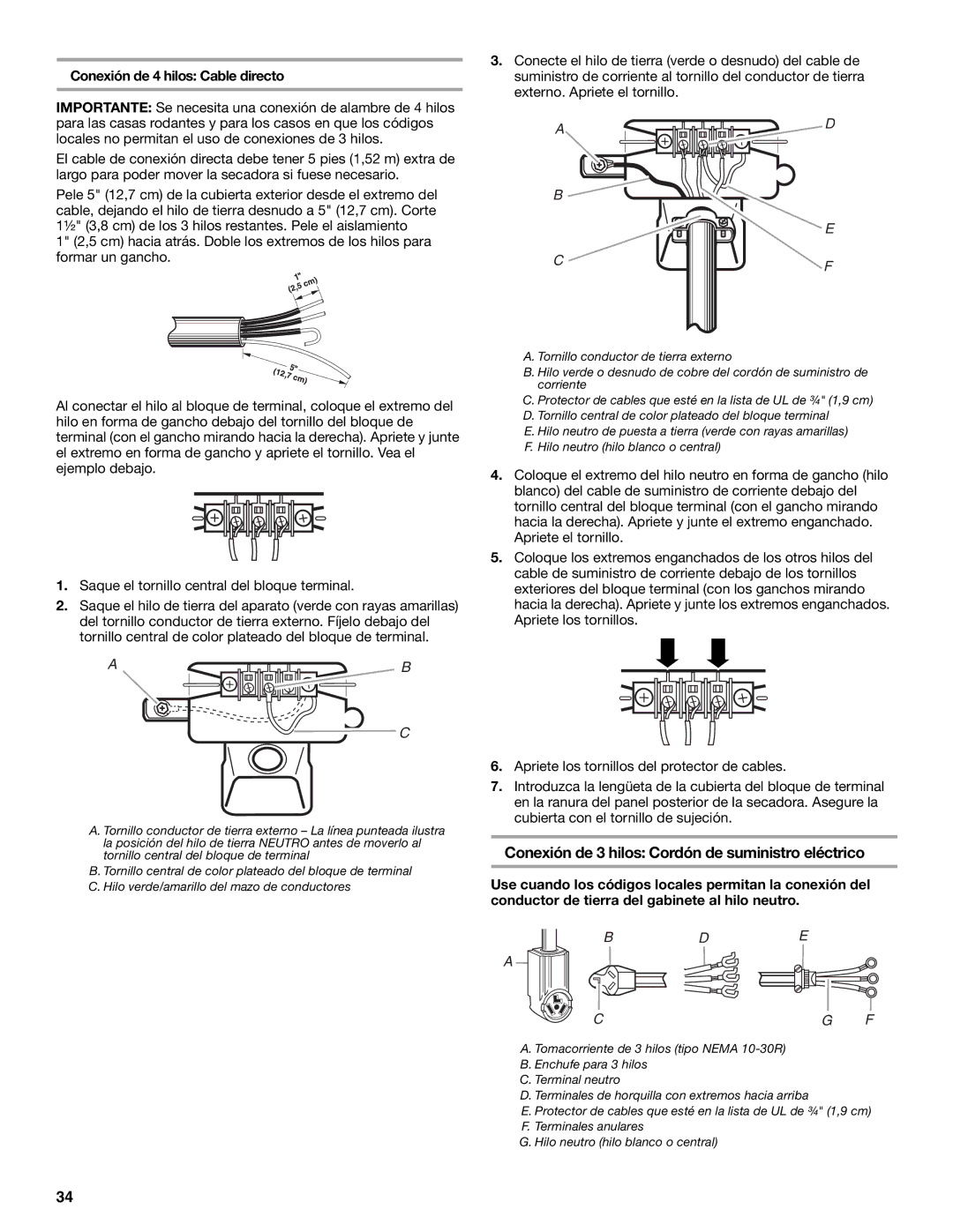 KitchenAid YKEHS01P manual Conexión de 3 hilos Cordón de suministro eléctrico, Conexión de 4 hilos Cable directo 