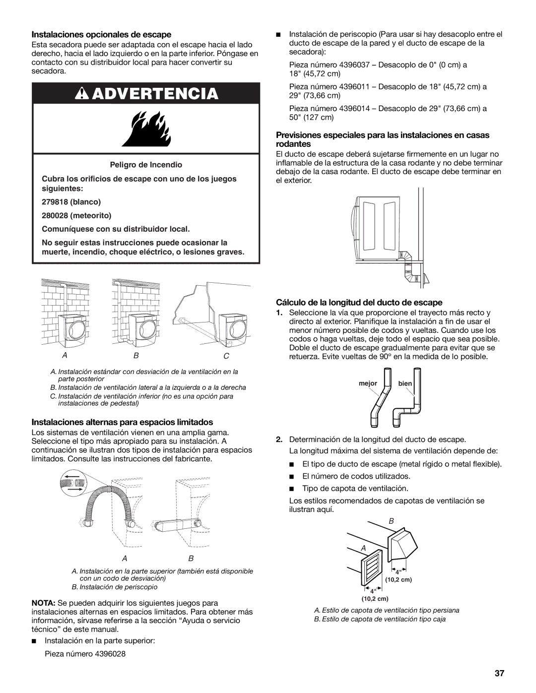 KitchenAid YKEHS01P manual Instalaciones opcionales de escape, Instalaciones alternas para espacios limitados 