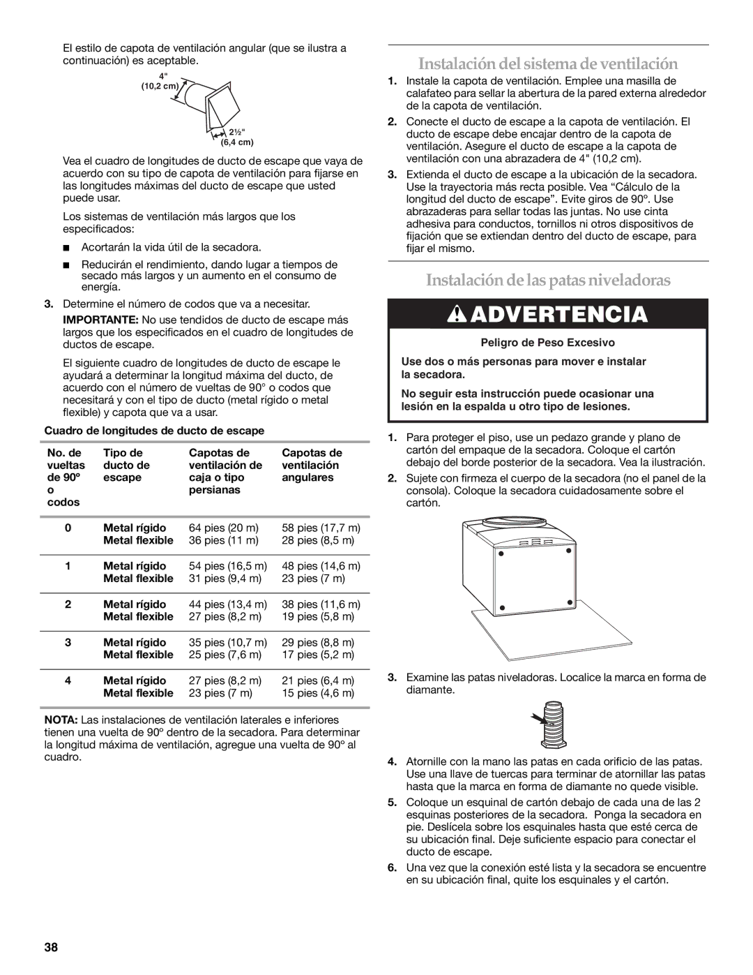 KitchenAid YKEHS01P manual Instalación delsistema de ventilación, Instalación de las patas niveladoras 