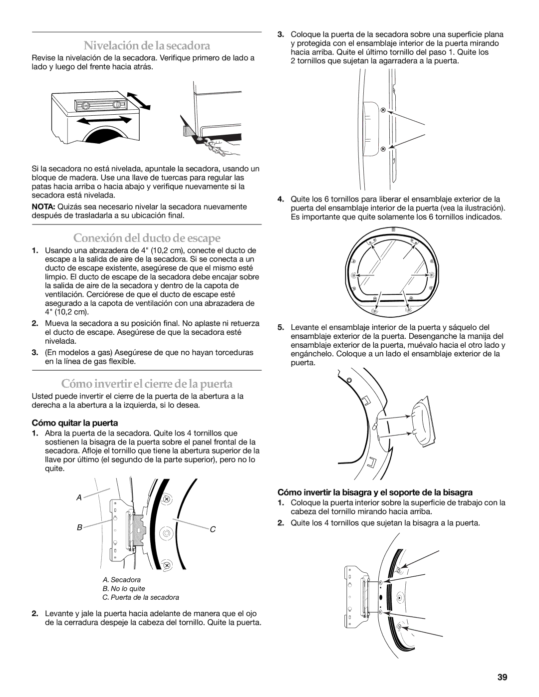 KitchenAid YKEHS01P manual Nivelación de la secadora, Conexión del ducto de escape, Cómo invertir elcierre de la puerta 