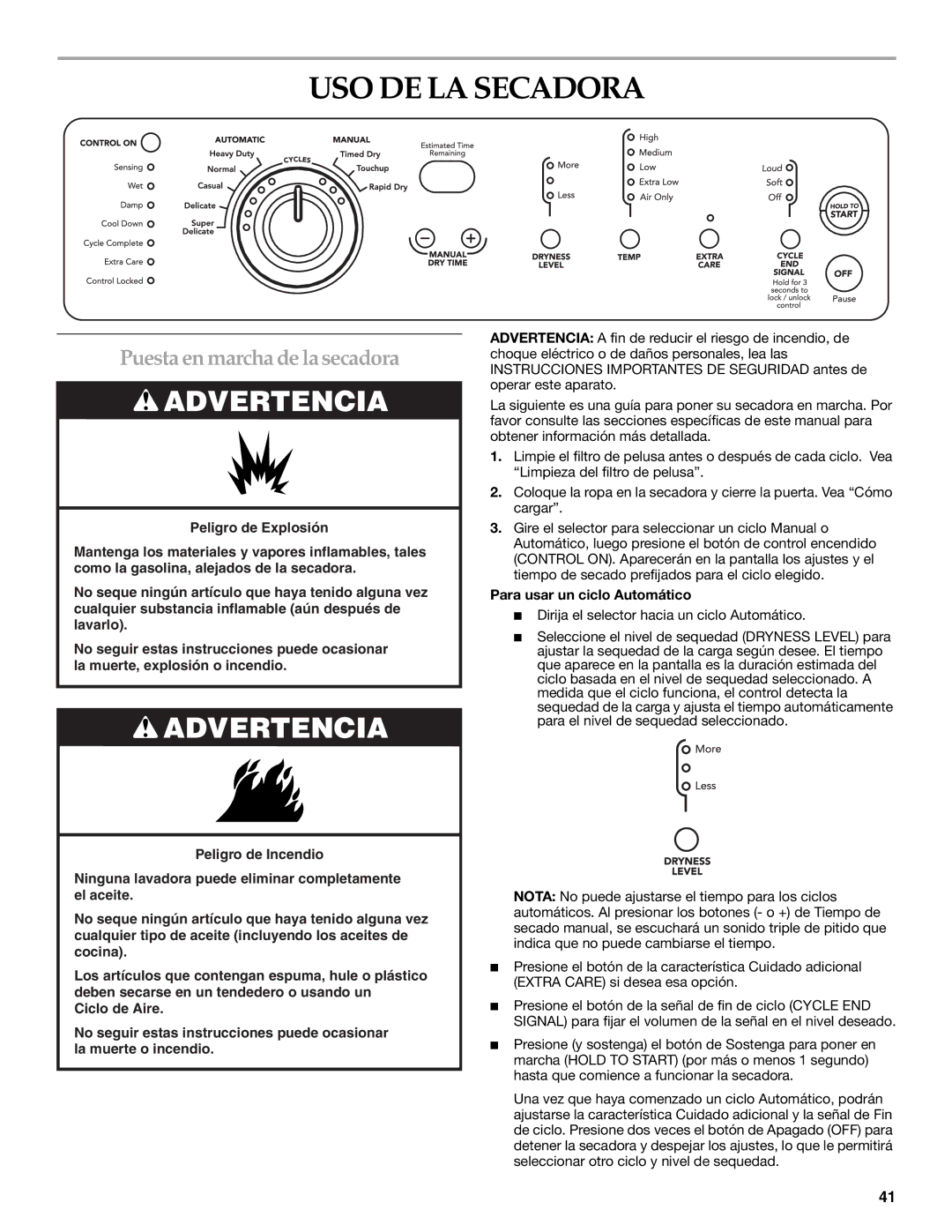 KitchenAid YKEHS01P manual USO DE LA Secadora, Puesta en marcha de la secadora, Para usar un ciclo Automático 