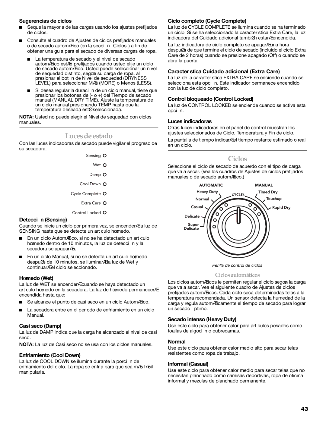 KitchenAid YKEHS01P manual Luces de estado, Ciclos 