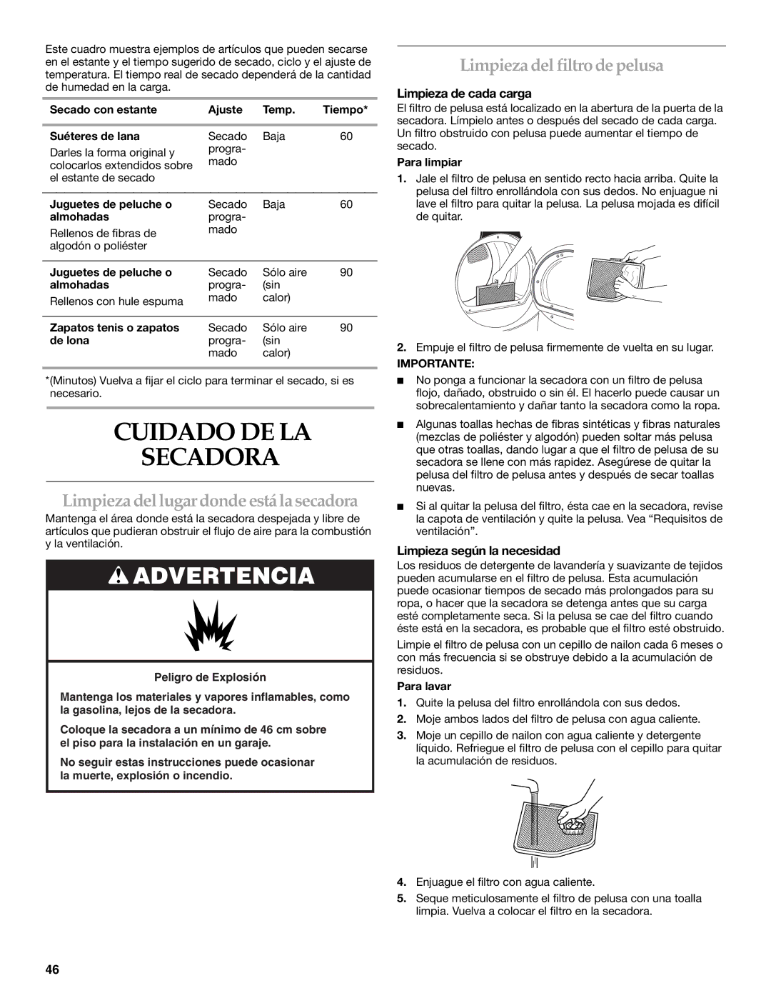 KitchenAid YKEHS01P manual Cuidado DE LA Secadora, Limpieza dellugar donde está la secadora, Limpieza del filtro de pelusa 