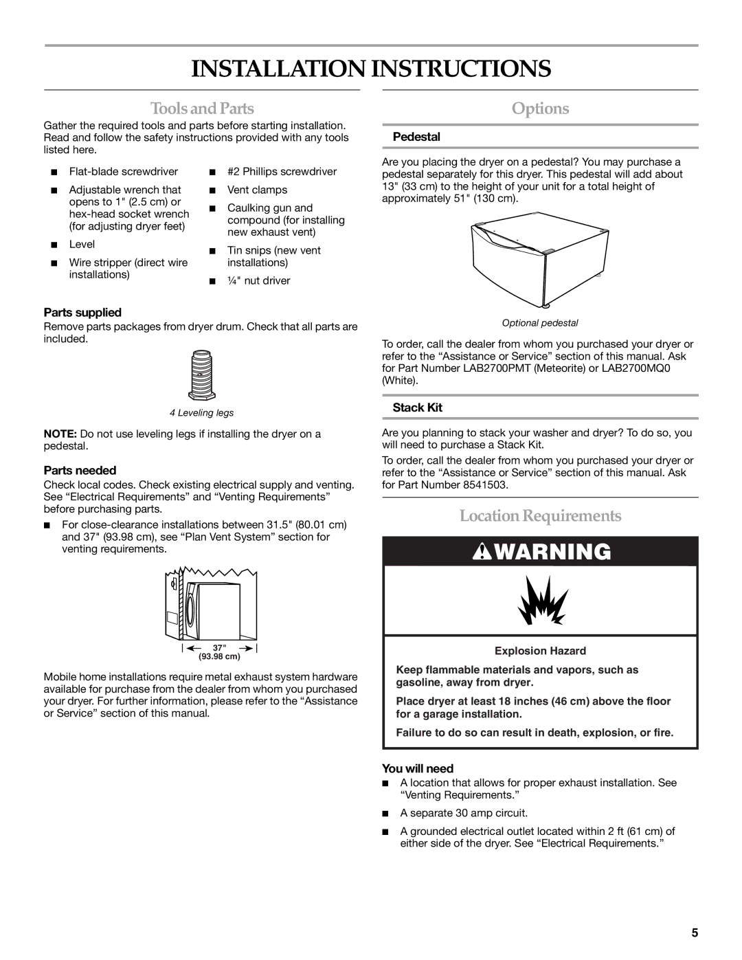 KitchenAid YKEHS01P manual Installation Instructions, Toolsand Parts, Options, Location Requirements 