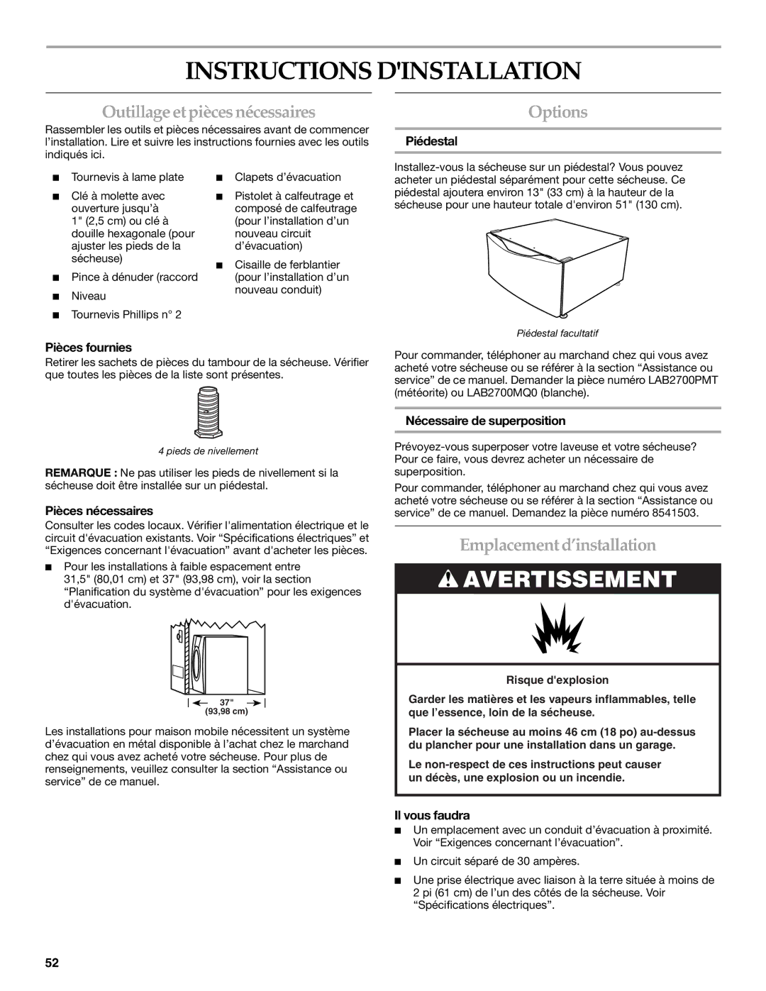 KitchenAid YKEHS01P manual Instructions Dinstallation, Outillage etpiècesnécessaires, Emplacement d’installation 