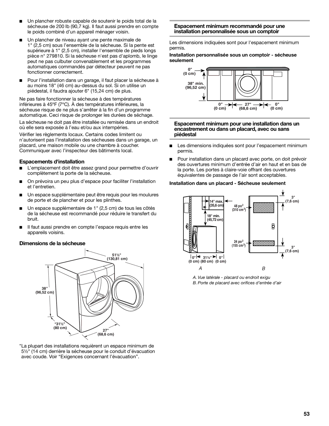 KitchenAid KEHS01P Espacements dinstallation, Dimensions de la sécheuse, Installation dans un placard Sécheuse seulement 