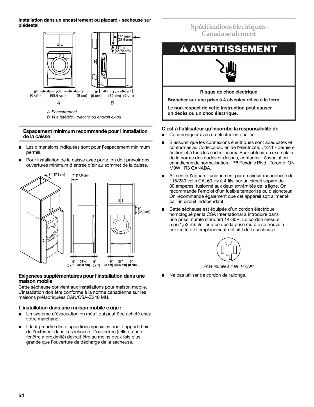 KitchenAid YKEHS01P manual Spécifications électriques Canada seulement, Linstallation dans une maison mobile exige 