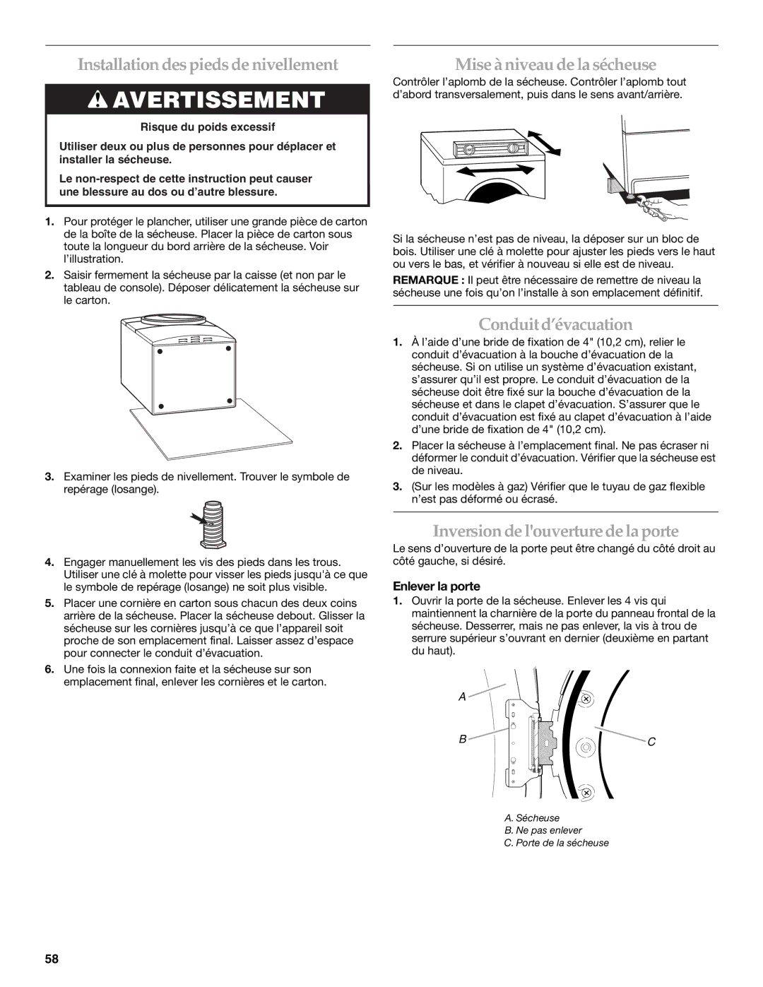 KitchenAid YKEHS01P manual Installation despiedsde nivellement, Mise à niveau de la sécheuse, Conduitd’évacuation 