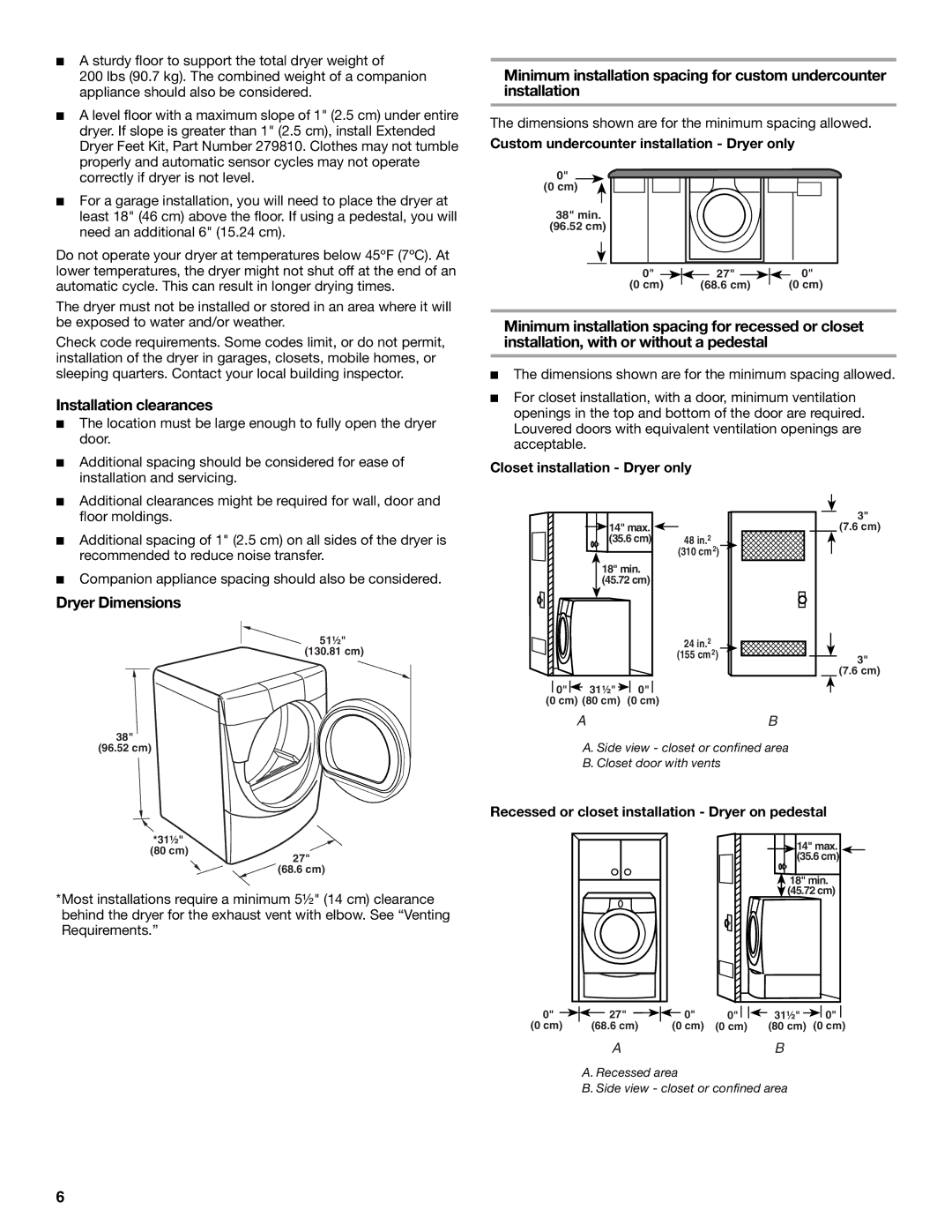 KitchenAid YKEHS01P manual Installation clearances, Dryer Dimensions, Custom undercounter installation Dryer only 