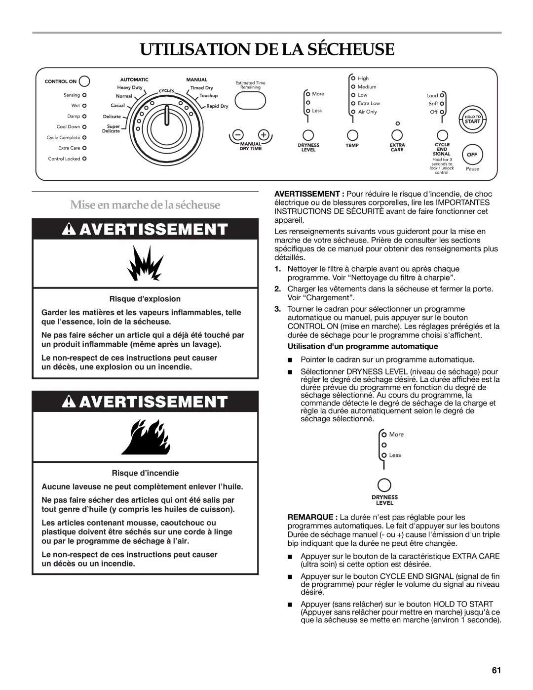 KitchenAid KEHS01P manual Utilisation DE LA Sécheuse, Mise en marche de la sécheuse, Utilisation dun programme automatique 