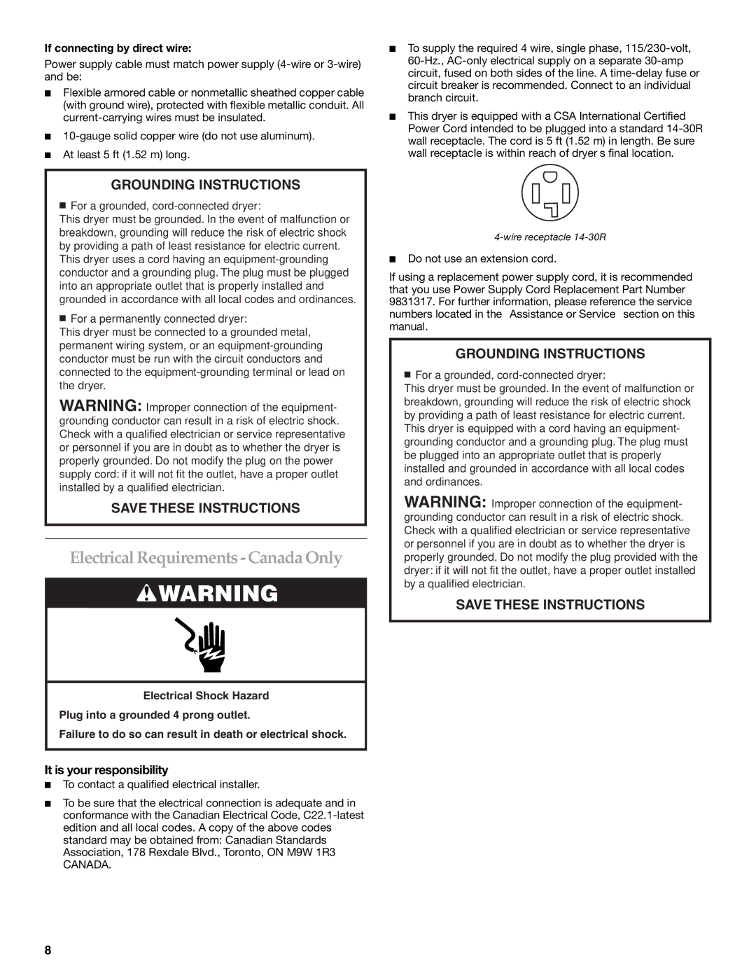 KitchenAid YKEHS01P manual Electrical Requirements -Canada Only, If connecting by direct wire 