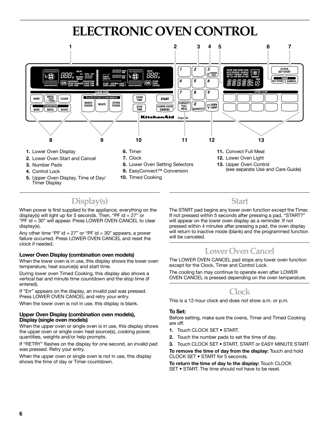 KitchenAid YKEMC308, YKEMC307, KEMC377 manual Electronic Oven Control, Displays Start, Lower Oven Cancel, Clock 