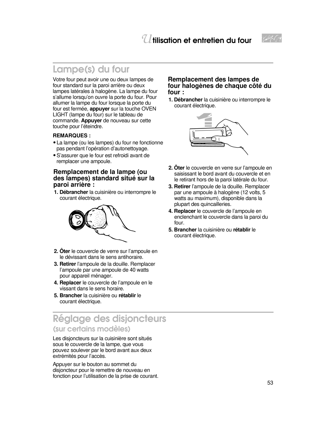 KitchenAid YKERC500 Lampes du four, Réglage des disjoncteurs, Brancher la cuisinière ou rétablir le courant électrique 