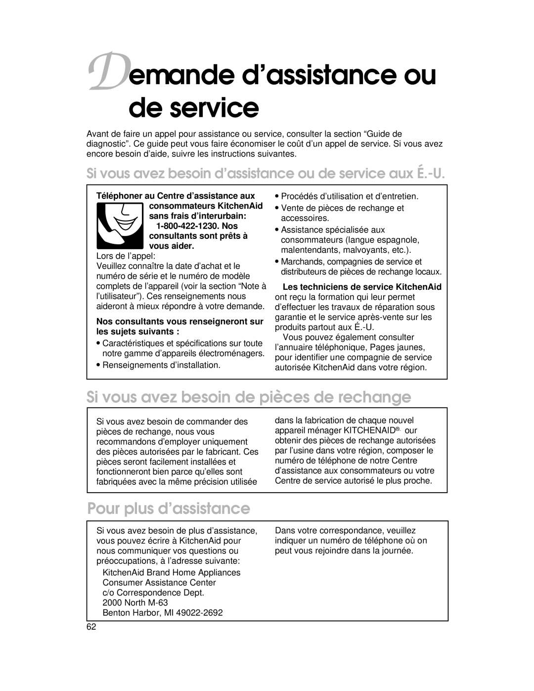 KitchenAid YKERC500 Demande d’assistance ou de service, Si vous avez besoin de pièces de rechange, Pour plus d’assistance 