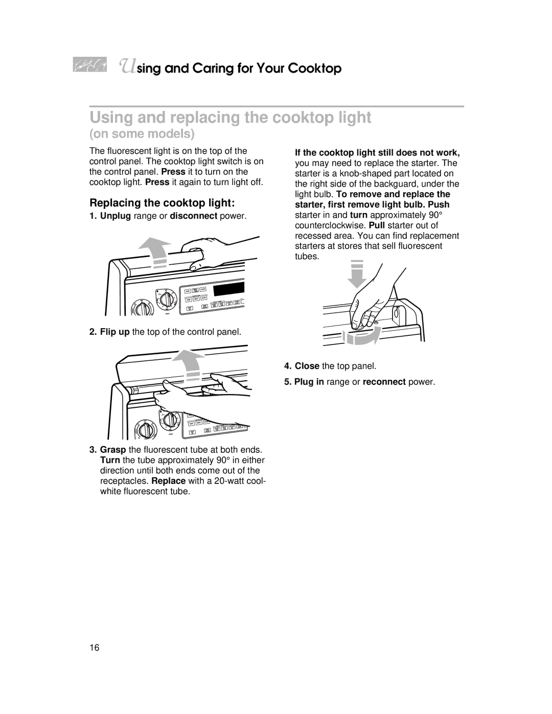 KitchenAid YKERC500 Using and replacing the cooktop light, Replacing the cooktop light, Unplug range or disconnect power 